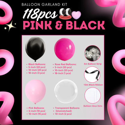 118pcs Pink Black Balloons Latex Balloons Different Sizes 18+12+10+5 Inch Party Balloon Kit for Birthday Party Graduation Wedding Holiday Balloon Decoration